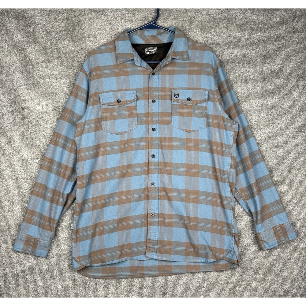 MTN OPS Flannel Shirt Mens L Blue Brown Plaid Stretch Outdoor Hiking Performance